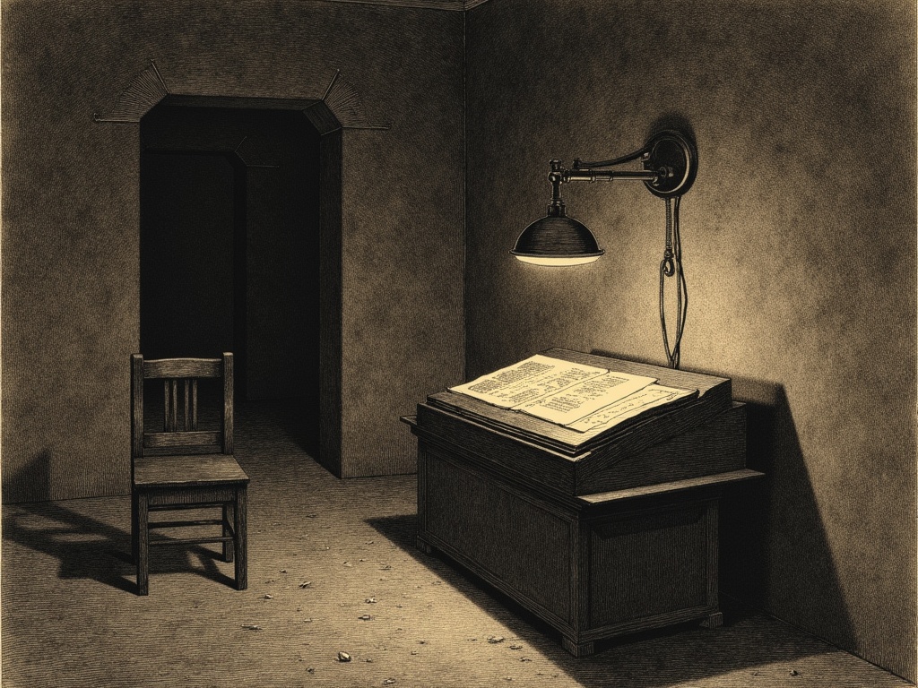 A basement records room: a ledger spread under a glass plate, an empty chair, one flickering lamp.