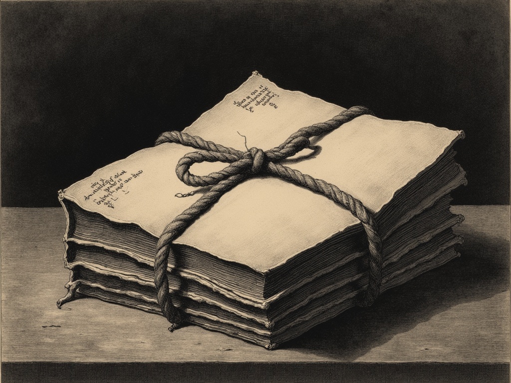 Four bundles of handwritten logs tied with worn cord. A knot touched often by hand.